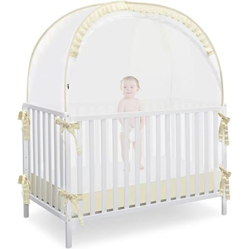 Baby Safety Crib Tent, Pop Up Canopy for Crib to Stop Baby from Climbing Out, Infant Mesh Cover Mosquito Net with Sturdy Frame & Soft Mesh, Beige, (R07-beige)