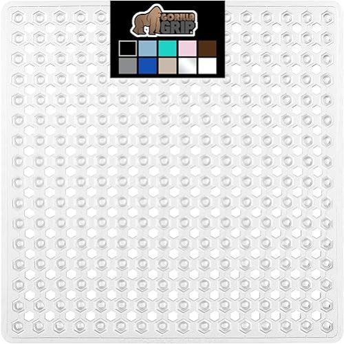 Gorilla Grip Patented Square Shower Stall Mat, Small Bathtub Floor Mats for Stand Up Showers with Suction Cups and Drainage Holes, Machine Wash, Soft on Feet, Bathroom Accessories 21x21 Inch, Clear