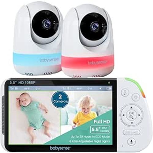 Babysense 5.5” 1080p Full HD Split-Screen Baby Monitor, Video Baby Monitor with 2 Cameras and Audio, 6-Color RGB Night Light, 1000ft Range, Two-Way Audio, 4X Zoom, 5000mAh Battery