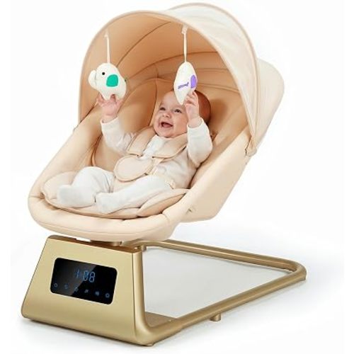 Pamo Babe Portable Baby Swing - Electric Baby Rocker with Cry Detection, 5 Swing Speeds, Bluetooth & Remote Control, Adjustable Backrest, Indoor & Outdoor Swing Chair for Newborn Babies - Beige