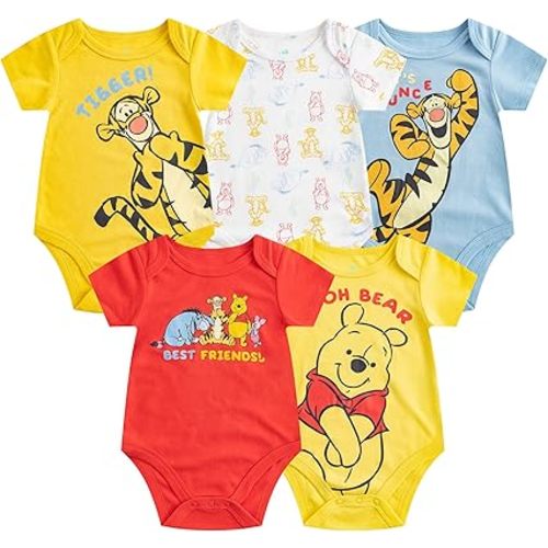 Disney Winnie the Pooh Baby Boys 5 Pack Short Sleeve Bodysuit for Newborn and Infants