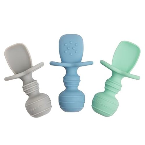 UpwardBaby Self-Feeding Spoon - Anit Choke Barrier - Silicone Baby Spoons Toddler Utensils for Home & Travel, Textured Tips Massage Gums & Baby-Led Weaning (Blue/Gray/Mint)
