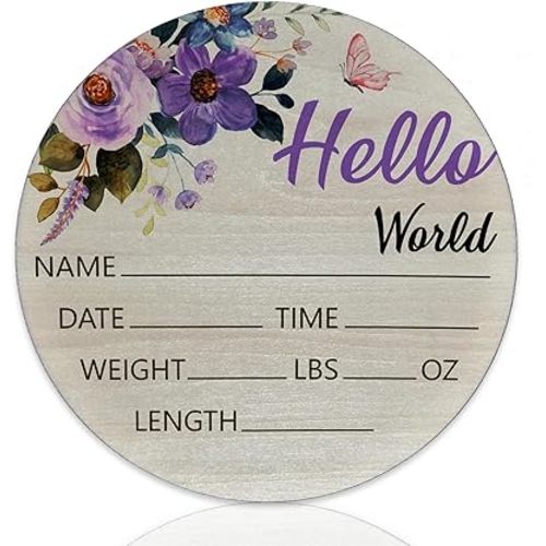 Baby Announcement Sign for Newborn Boys and Girls, Hello World Newborn Sign, Nursery Wall Décor, Baby Name Sign, Purple Rose Theme Birch Wood 6 inch Circle Board Birth Stat Sign, Newborn Gifts