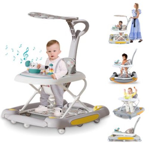 JOJOLAM 6-in-1 Baby Walker, Foldable Push Walker with Musical Activity Station, 6-24 Months, Gray