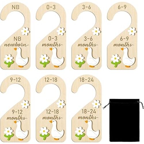 R HORSE Wooden Baby Closet Dividers - 3D White Goose Baby Closet Organizer, 8Pcs Double-Sided Cute Goose Newborn Clothes Size Hanger Dividers, Nursery Decor Birthday Gift for Boy Girl (0-24 Months)