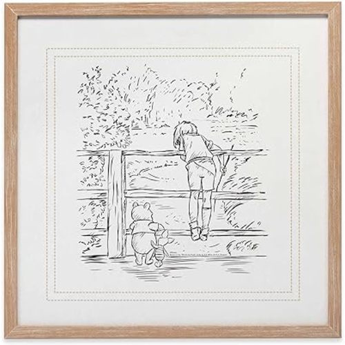 Disney Winnie the Pooh and Christopher Robin Sketched Scene Framed Wood Wall Decor - Large Vintage Winnie the Pooh Wall Art