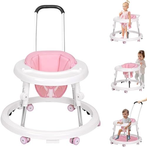 Baby Walker with Wheels, Activity Center with Mute Wheels Anti-Rollover, 9-Gear Height Adjustable Foldable Baby Walker for Boys and Girls from 6-18 Months with Push Handle, Footrest…