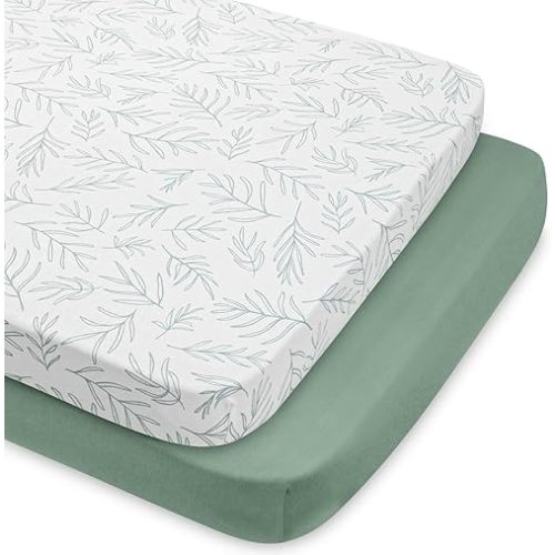 Babebay 2-Pack Mini Crib Sheets, Pack and Play Sheets Fitted for Pack N Play Mattress and Playard, Soft Jersey Knit Cotton for Baby (Sage Green)