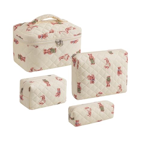 uekeboag 2 pcs Large Floral Quilted Makeup Bag Set for Women, Cotton Quilted Big Cosmetic Bag, Coquette Aesthetic Cute Travel Toiletry Bag