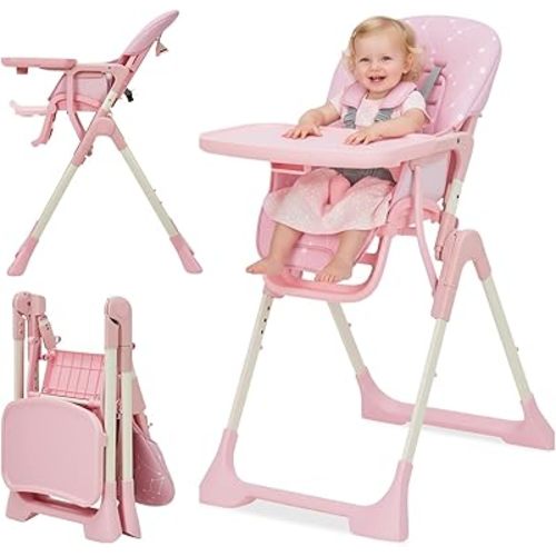 Baby High Chair, Foldable Feeding Chairs for Babies and Toddlers, Adjustable Height/Backrest/Footrest, Removable Tray, Fast Folding Pink