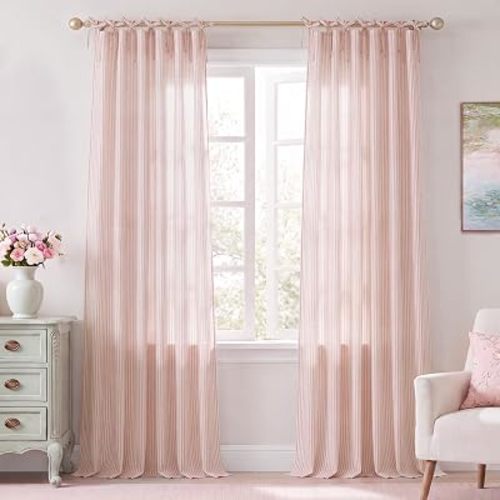 NICETOWN Pink Linen Bow Curtains for Girls Room, Tie Top Stripe Pattern Light Filtering Semi Sheer Window Treatments DIY Crafted Privacy for Bedroom, W52 x L96, 2 Panels