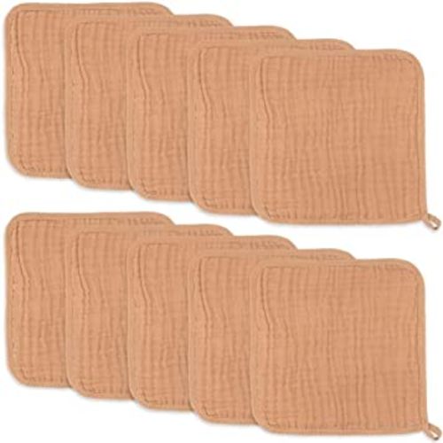Baby Washcloths, Muslin Cotton Baby Towels, Large 10”x10” Wash Cloths Soft on Sensitive Skin, Absorbent for Boys & Girls, Newborn Baby & Toddlers Essentials Shower Registry Gift (Caramel, Pack of 10)