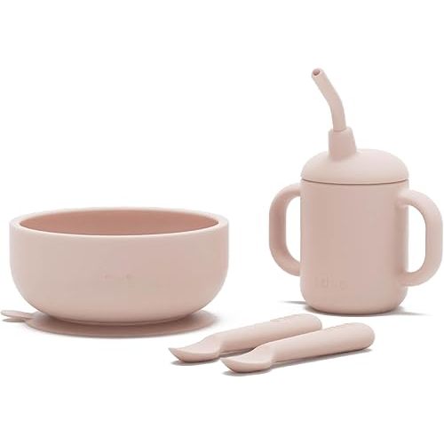 Lalo First Bites Silicone Baby Feeding Set - Baby Led Weaning Supplies - Non-Toxic Silicone - Includes 2 Spoons, Training Cup, & Suction Bowl - 4 Pieces - Grapefruit