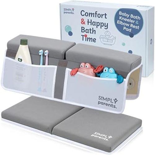 Baby Bath Kneeler and Elbow Rest Pad Set – Quick-Dry, Non-Slip Bath Kneeling Rest Pad for Bathing a Baby or Toddler, with Toy Organizer Pockets, with a Gift Box, Baby Bath Accessories for tub, Gray