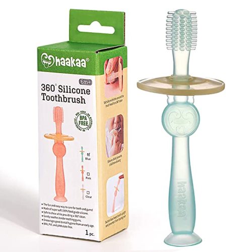 haakaa 360° Baby Toothbrush with Suction Base Infant Silicone Toothbrush Teethers for Babies Teething Toys,1pc (Blue)