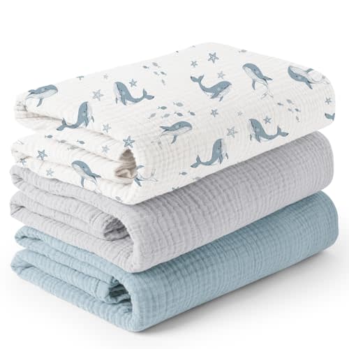 Konssy 3 Pack Muslin Swaddle Blankets for Unisex, Newborn Receiving Blanket, Large 47 x 47 inches, Soft Breathable Muslin Baby Swaddles for Boys & Girls