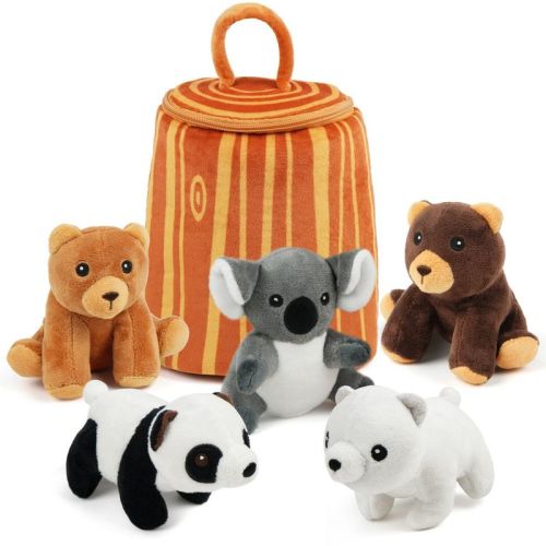 BenBen Stuffed Animals, 5 Small Forest Animals with Tree Stump Carrier Set, Plush Toy for Kids Toddlers