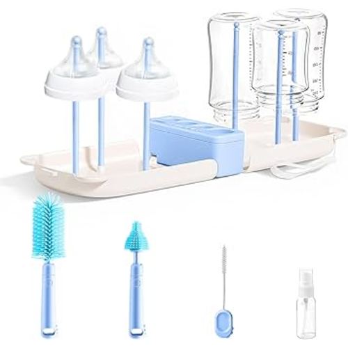 Portable Baby Bottle Brush Set, 7 in 1 Travel Baby Bottle Cleaning Kit, Portable Bottle Washing Kit with Silicone Bottle Brush, Nipple Brush, Straw Brush, Drying Rack for Home and Travel (Blue)