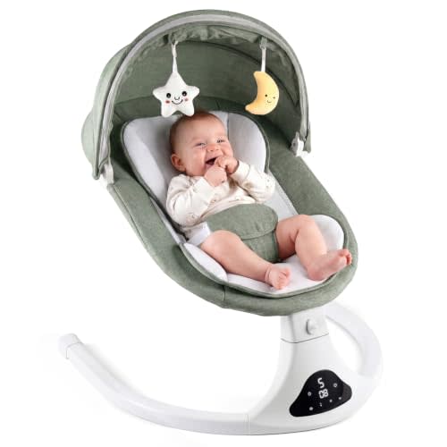 Electric Baby Swing with Remote Control,5 Speeds&Portable&Cozy(0-12M,Green) | Safety lock&secure harness,12 melodies&Bluetooth,8/15/30min timer,lightweight indoor/outdoor,soft washable seat,easy assembly