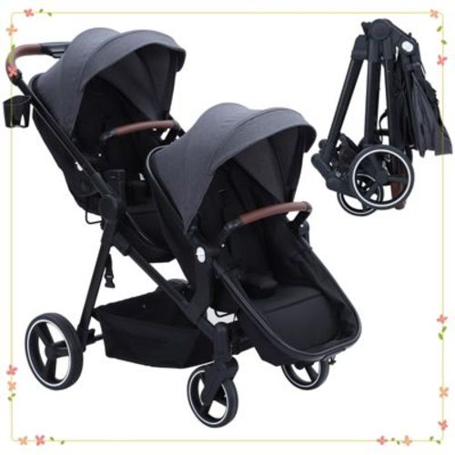 Double Stroller Track Tandem Stroller For Infant And Toddler, Foldable Pushchair Bassinet Pram, Gray