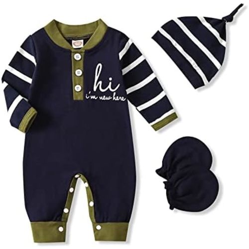 GRNSHTS Newborn Baby Boy Romper Coming Home Outfits Letter Print Bodysuit Jumpsuit+Hat+Gloves 3PCS Clothes Set