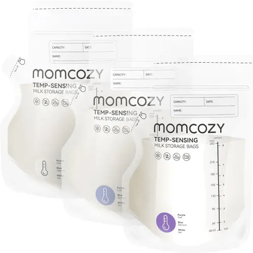 Momcozy Breastmilk Storage Bag, 8Oz, Temp-Sensing Color Change 60 Count Breast Milk Bags with Pour Spout, Milk Bag Self Standing for Breastfeeding, No Leak Presterilized for Freezer