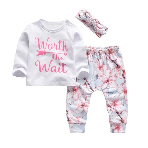 KuKitty 3Pcs Baby Girl Outfits Set Long Sleeve T-Shirt Tops Flowers Pants with Headband