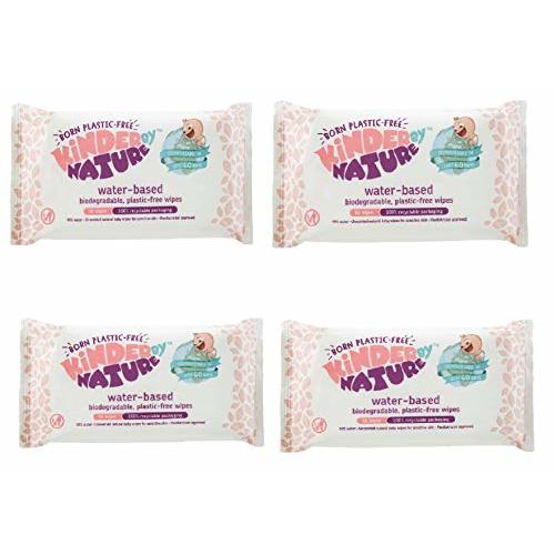 Kinder by Nature Water-Based Baby Wipes - 100% Biodegradable & Compostable, 224 Count (4 Packs of 56) - 99% Water, Plastic-Free Wipes