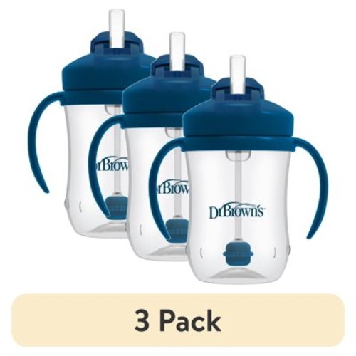 (3 pack) Dr. Brown's Milestones Baby's First Straw Cup, Training Cup with Weighted Straw, 9oz/270ml, Dark Blue, 6m+
