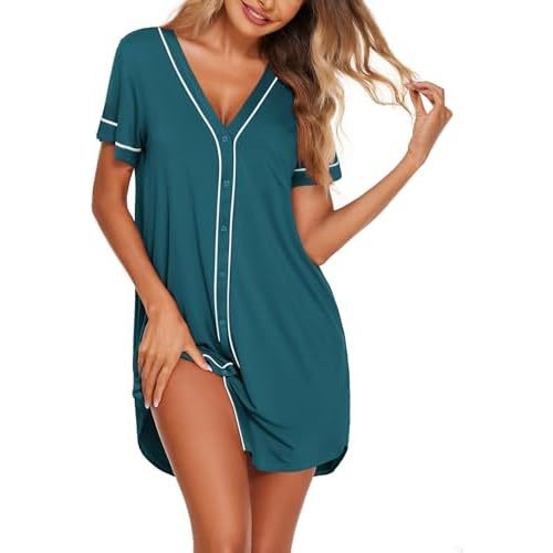 Ekouaer Womens Nightgown Button Down Sleep Shirts Short Sleeve Nightshirt V-Neck Sleepdress Soft Sleepwer