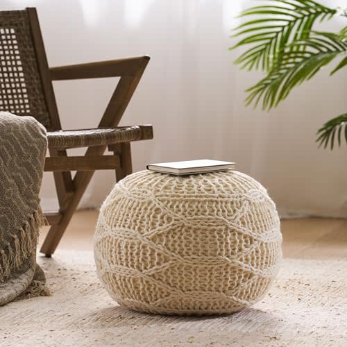 INMOZATA Round Pouf Ottoman, 100% Cotton Chunky Knitted Pouf Large Stool Foot Rest for Living Room Bedroom Dorm, Knitted Bean Bag, 20"x20"x14" (Ivory)