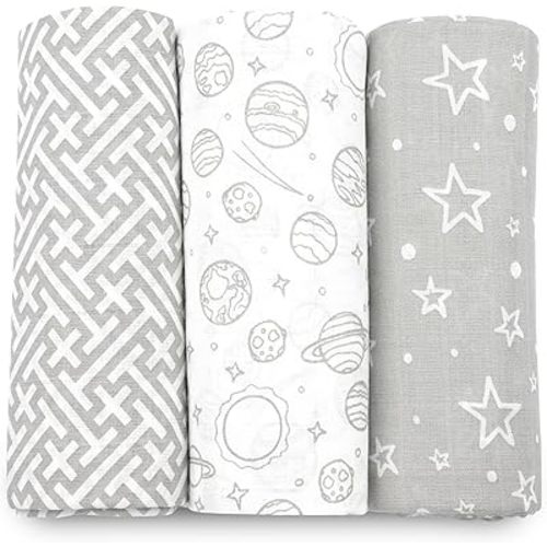Bublo Baby Muslin Swaddle Blankets, Swaddle Blanket for Baby Boys and Girls, 3-Pack Breathable Premium 100% Cotton Baby Receiving Blankets, Exta Large Size 47x47 Inches, Grey