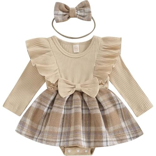 Newborn Baby Girl Fall Winter Outfit Set Plaid Romper Dress Ruffles Long Sleeve Clothes Jumpsuit with Bow Headband