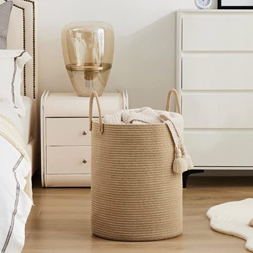 Jute Rope Laundry Hamper Basket by YOUDENOVA, 58L Tall Laundry Basket, Baby Nursery Hamper for Blanket Storage, Clothes Hamper for Laundry in Bedroom-Large-Jute - Tall (58L ) - Jute Brown