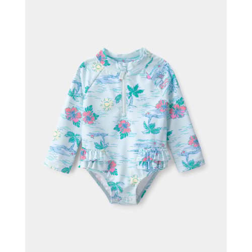 Baby Girl Tropical Beach Long-Sleeve Rashguard Swimsuit - Blue | Carter's