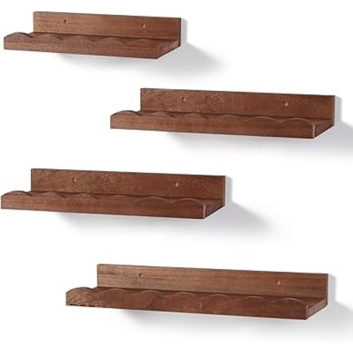 Suzile Set of 4 Floating Nursery Book Shelves for Wall Wood Floating Bookshelves Picture Small Ledge Shelf for Wall Boys Girls Teen Room Bathroom Bedroom Decor Storage(Walnut Brown)