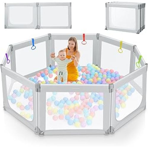 Kidirect Foldable Baby Playpen, 71"×69" Extra Large Play Pen for Babies and Toddlers 1-3, Portable Play Yard with 5 Handles, Indoor Outdoor Safety Baby Gate Fence Play Area with Visible Mesh, Grey