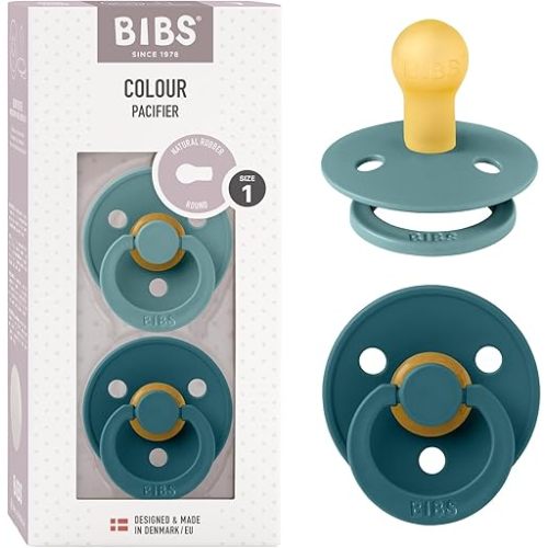 BIBS Pacifiers Colour Collection | Natural Rubber Baby Pacifier | Round Nipple | Set of 2 BPA-Free Soothers | Made in Denmark | 0+ Month (Pack of 2) | Island Sea/Forest Lake