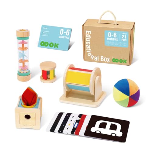 TOOKYLAND Montessori Toys for Babies 0-6 Months, 6 in 1 Learning Educational Set Newborn Toys Including Sensory Ball, Rain Stick, Baby Roller, Spinning Drum, Black and White Cards, Tissue Box.