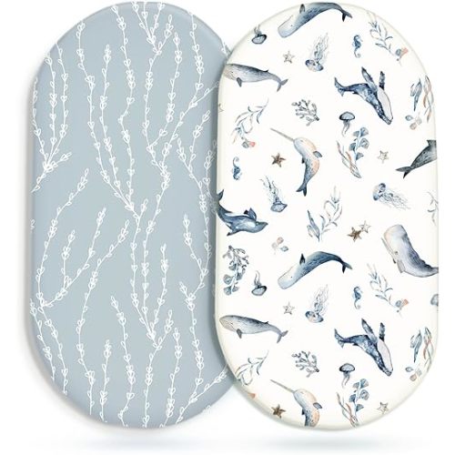 GRSSDER Stretchy Ultra Soft Fitted Bassinet Sheet Set 2 Pack, Universal Fit for Bassinets Baby Cradle Moses Basket Oval Rectangle Mattress Safe and Snug, Sea Fish Print