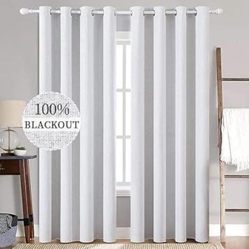 MIULEE White Blackout Curtains Linen Textured for Bedroom Nursery Thermal Insulated Room Darkening Grommet Curtains/Drapes for Living Room Decoration 52x84 Inch Grayish White 2 Panels