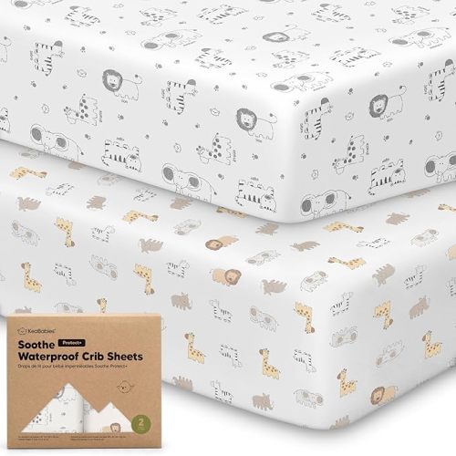2-Pack Waterproof Crib Sheets for Boys, Girls - 52x28 Fitted Organic Cotton Baby Crib Sheets, Toddler Mattress Protector Cover, Washable, Soft & Durable Baby Bedding Essentials (KeaSafari)