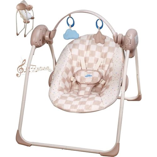 Baby Swings for Infants, Tiny Marvels Portable Swing with Adaptable Speed, Music, Removable-Toy-Bar, Foldable Infant Swing for Indoor and Outdoor Use, 0-9 Months 6-20 lbs(Sander Checker)