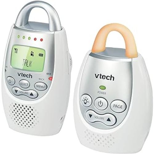 VTech DM221 Audio Baby Monitor with up to 1,000 ft of Range, Vibrating Sound-Alert, Talk Back Intercom & Night Light Loop, White/Silver
