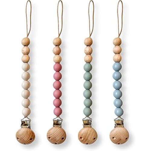 Hippypotamus Pacifier Clips - Silicone Holder for Baby’s Binky & Teething Toys - Set of 4 (Sand/Rose/Sage/Stone)