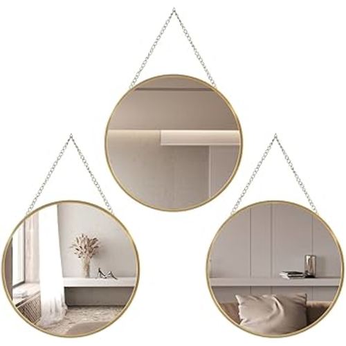 Hanging Circle Mirror Wall Decor Gold Round Mirror with Hanging Chain for Bathroom, Bedroom, Vanity, Living Room, Entryway, 10 Inch X 10 Inch, Set of 3