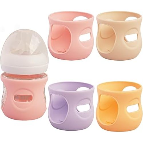 4 Pack Silicone Sleeves for Avent Natural Glass Baby Bottles, Anti Breakage Bottle Holder, Compatible with Philips Avent Glass Natural Baby Bottles (Apricot+Pink+Purple+Orange, 4 OZ)