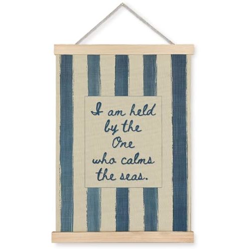 Yomisex Inspirational Christian Coastal Wall Art Poster, I Am Held By The One Who Calms The Seas Blue Beige Stripe Christian Ocean Beach Bible Verse Wall Art Framed for Home Church Decor, 12x16 Inch