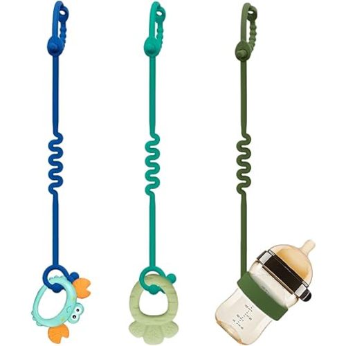 Toy Straps for Baby – 3 Pack Adjustable Silicone Toy Straps for Baby and Sippy Cup Straps for Strollers, High Chairs, Cribs, Car Seats, Food Grade Silicone, BPA Free (Spearmint+Blue+Olive)