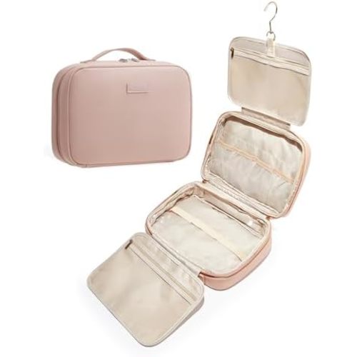 EACHY Travel Toiletry Bag with Hanging Hook, Portable Makeup Cosmetic Bags for Women, Water-Resistant Full-Size Travel Accessories (Pink)
